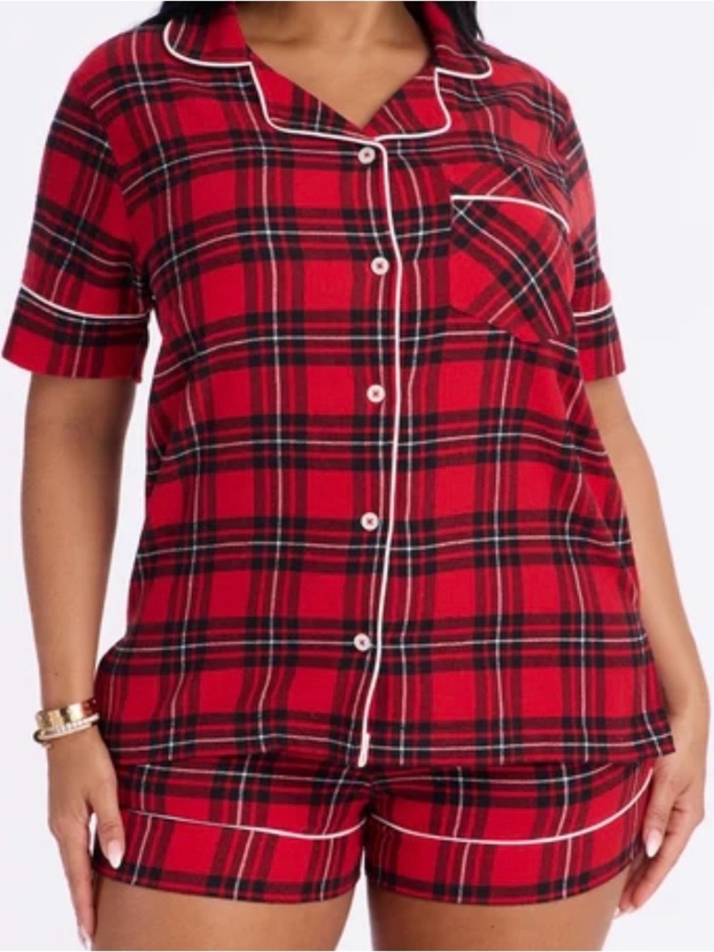 Fashion Nova Red Plaid Short-Sleeve Pajama Set